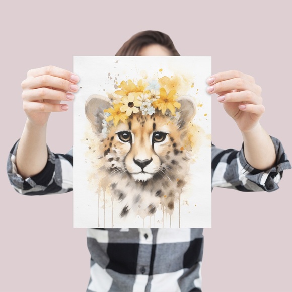 Cute Floral Cheetah Watercolor Wall Art Illustration Print Poster Card Unframed - Picture 3 of 7